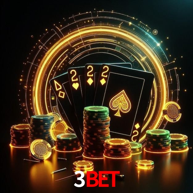 Escena dinámica inspirada en casino con iluminación 3BET, cartas, fichas e íconos de juegos digitales en un espacio moderno de juegos.