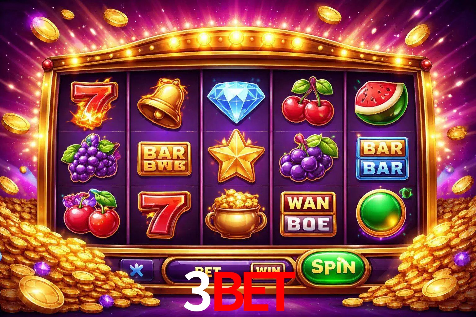 Una interfaz colorida de tragamonedas en línea con símbolos brillantes, monedas y un efecto de victoria celebratoria en 3BET.