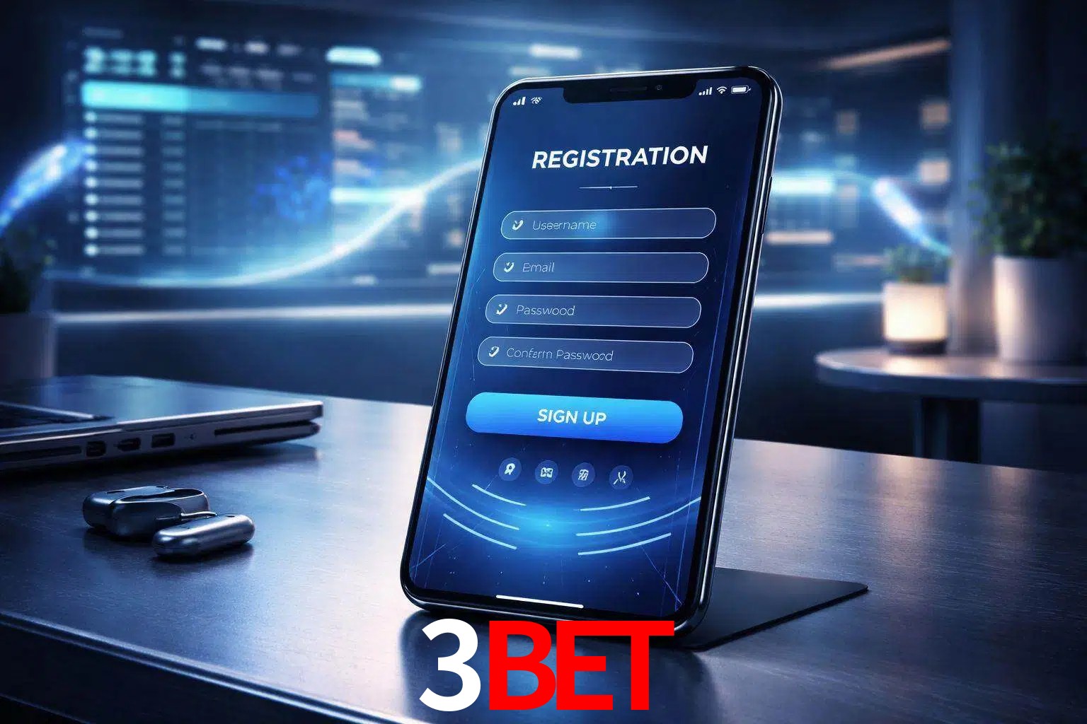 Una interfaz moderna de registro móvil para 3BET mostrada en un smartphone con un panel de apuestas elegante.
